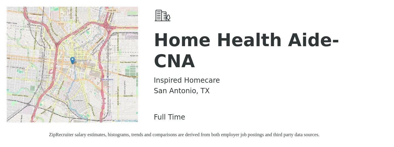 Inspired Homecare job posting for a Home Health Aide-CNA in San Antonio, TX with a salary of $14 to $18 Hourly with a map of San Antonio location.
