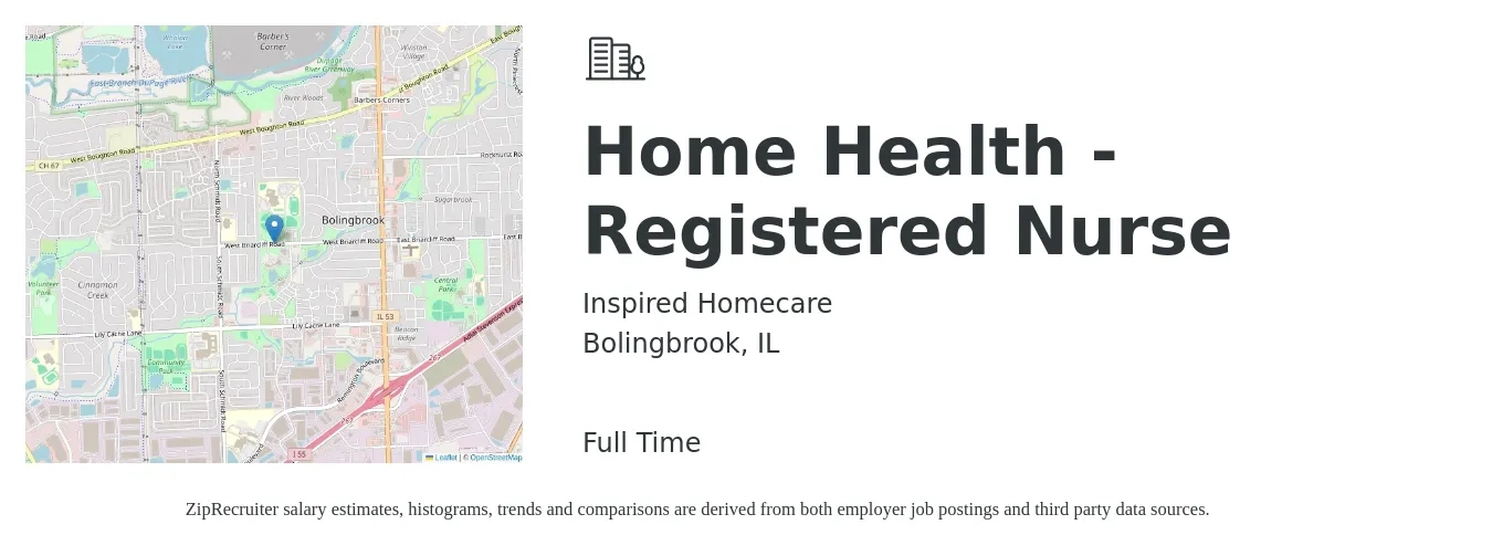 Inspired Homecare job posting for a Home Health - Registered Nurse in Bolingbrook, IL with a salary of $1,570 to $2,350 Weekly with a map of Bolingbrook location.