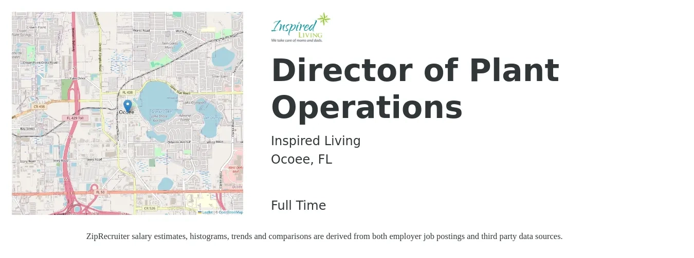 Inspired Living job posting for a Director of Plant Operations in Ocoee, FL with a salary of $67,300 to $127,900 Yearly with a map of Ocoee location.