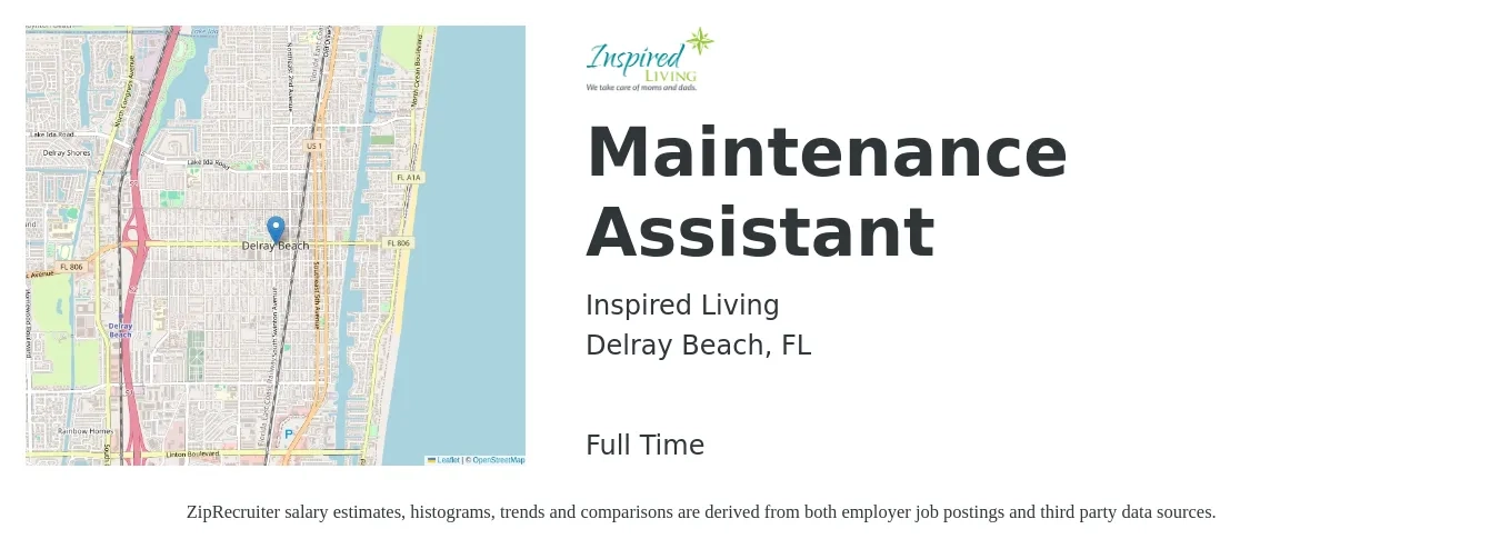 Inspired Living job posting for a Maintenance Assistant in Delray Beach, FL with a salary of $15 to $19 Hourly with a map of Delray Beach location.