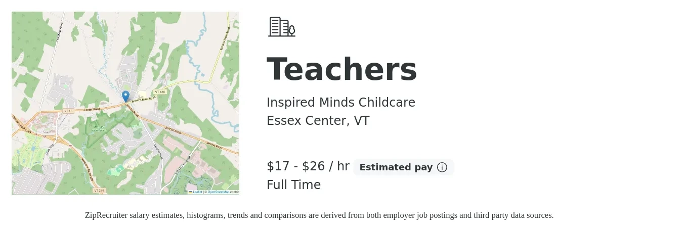 Inspired Minds Childcare job posting for a Teachers in Essex Center, VT with a salary of $18 to $28 Hourly with a map of Essex Center location.