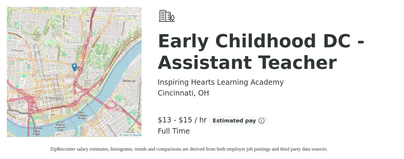 Inspiring Hearts Learning Academy job posting for a Early Childhood DC - Assistant Teacher in Cincinnati, OH with a salary of $14 to $16 Hourly with a map of Cincinnati location.