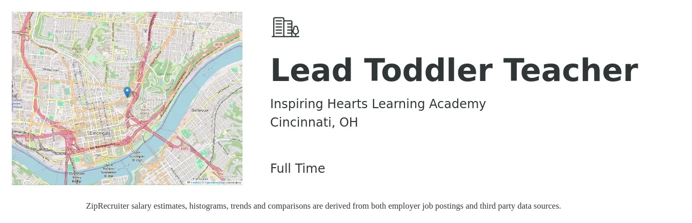 Inspiring Hearts Learning Academy job posting for a Lead Toddler Teacher in Cincinnati, OH with a salary of $14 to $18 Hourly with a map of Cincinnati location.