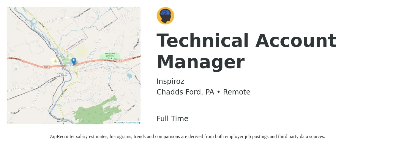 Inspiroz job posting for a Technical Account Manager in Chadds Ford, PA with a salary of $61,400 to $99,500 Yearly with a map of Chadds Ford location.