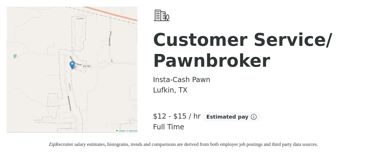 Insta-Cash Pawn job posting for a Customer Service/ Pawnbroker in Lufkin, TX with a salary of $13 to $16 Hourly with a map of Lufkin location.