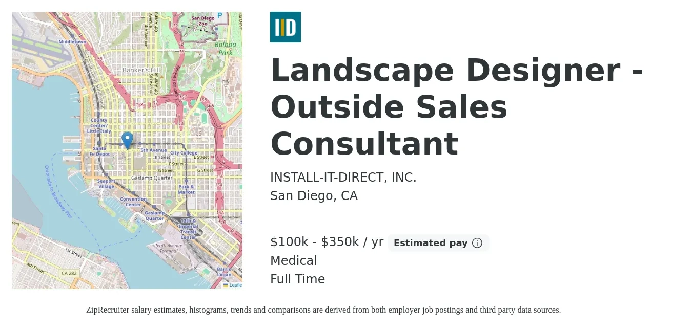 INSTALL-IT-DIRECT, INC. job posting for a Landscape Designer - Outside Sales Consultant in San Diego, CA with a salary of $100,000 to $350,000 Yearly (plus commission) and benefits including medical with a map of San Diego location.