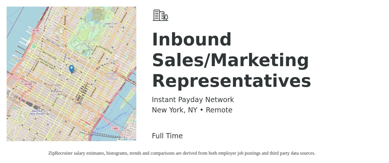 Instant Payday Network job posting for a Inbound Sales/Marketing Representatives in New York, NY with a salary of $18 to $27 Hourly with a map of New York location.