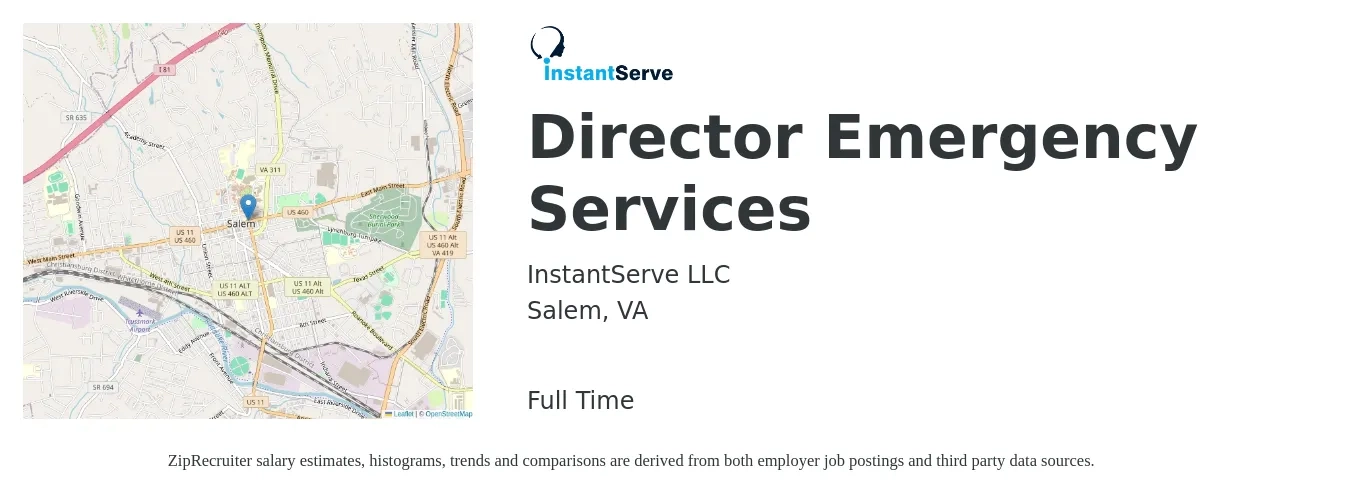 InstantServe LLC job posting for a Director Emergency Services in Salem, VA with a salary of $81,800 to $131,700 Yearly with a map of Salem location.