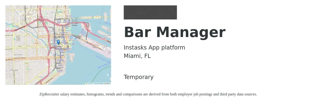 Instasks App platform job posting for a Bar Manager in Miami, FL with a salary of $37,300 to $66,000 Yearly with a map of Miami location.