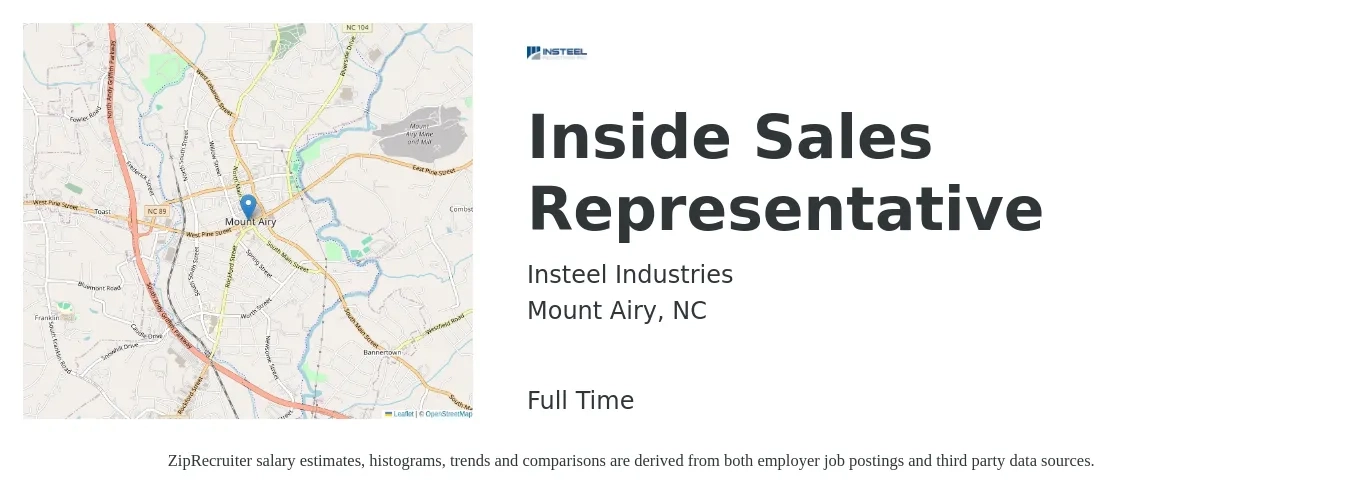 Insteel Industries job posting for a Inside Sales Representative in Mount Airy, NC with a salary of $34,000 to $50,900 Yearly with a map of Mount Airy location.