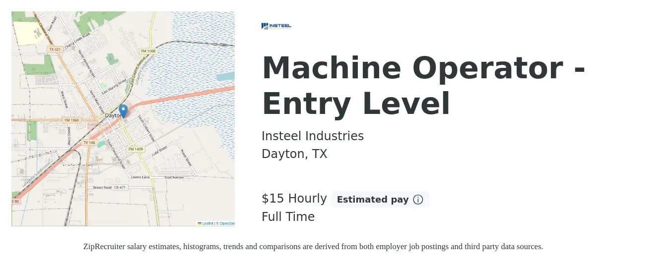 Insteel Industries job posting for a Machine Operator - Entry Level in Dayton, TX with a salary of $16 Hourly with a map of Dayton location.