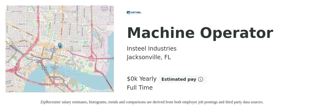 Insteel Industries job posting for a Machine Operator in Jacksonville, FL with a salary of $18 to $20 Yearly with a map of Jacksonville location.