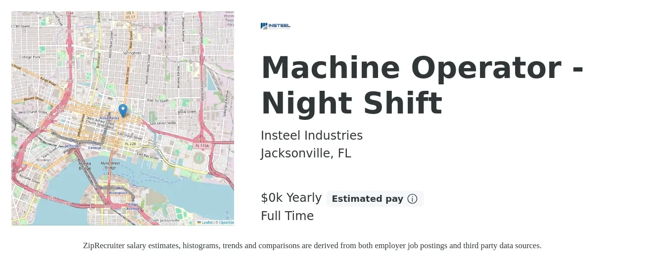 Insteel Industries job posting for a Machine Operator - Night Shift in Jacksonville, FL with a salary of $18 to $20 Yearly with a map of Jacksonville location.