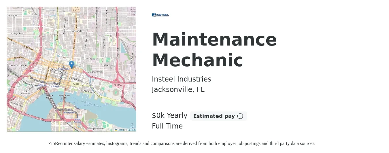 Insteel Industries job posting for a Maintenance Mechanic in Jacksonville, FL with a salary of $22 to $29 Yearly with a map of Jacksonville location.