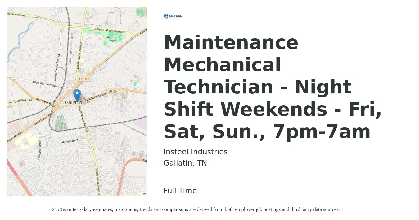 Insteel Industries job posting for a Maintenance Mechanical Technician - Night Shift Weekends - Fri, Sat, Sun., 7pm-7am in Gallatin, TN with a salary of $35 Hourly with a map of Gallatin location.
