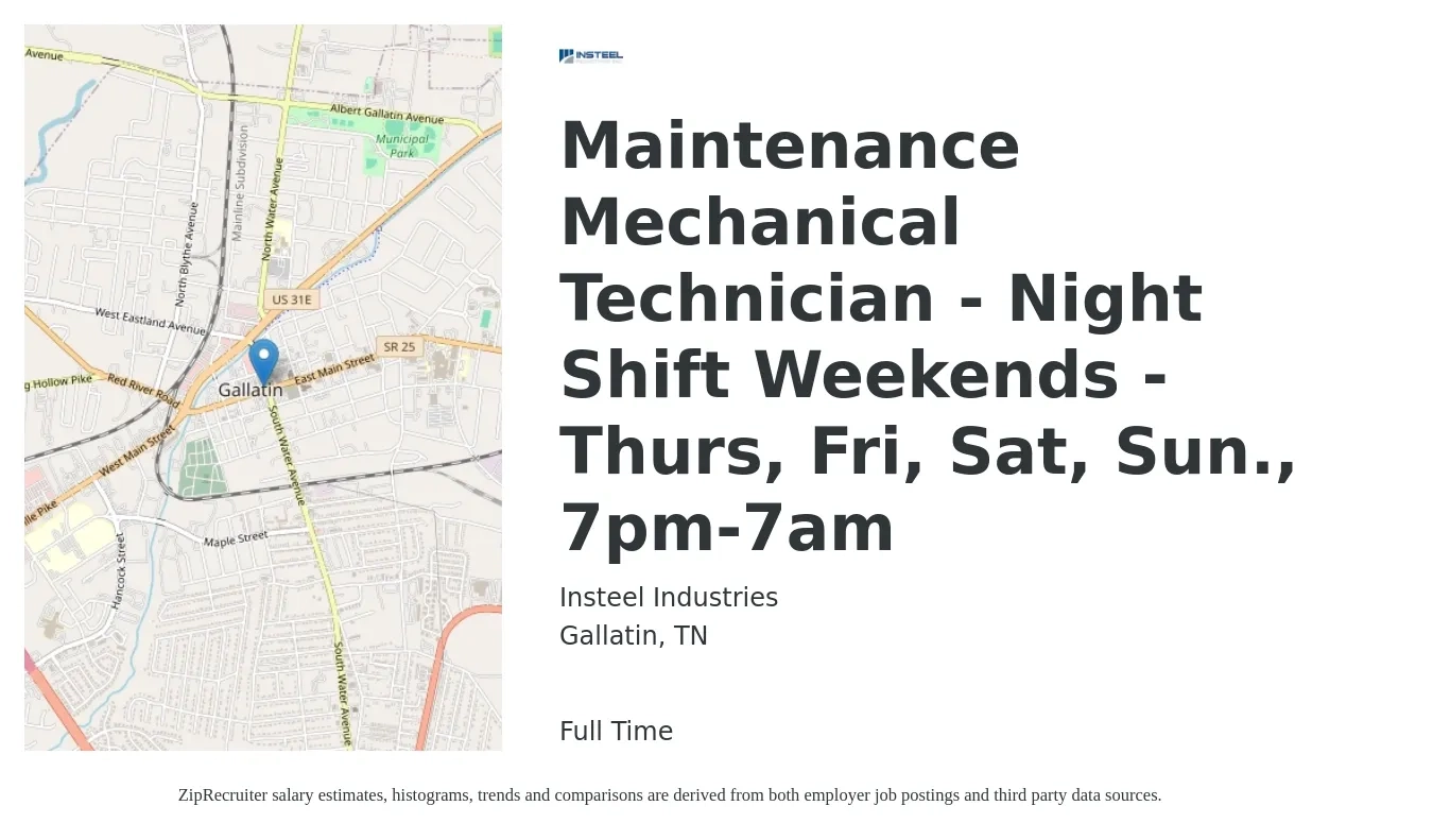 Insteel Industries job posting for a Maintenance Mechanical Technician - Night Shift Weekends - Thurs, Fri, Sat, Sun., 7pm-7am in Gallatin, TN with a salary of $35 Hourly with a map of Gallatin location.