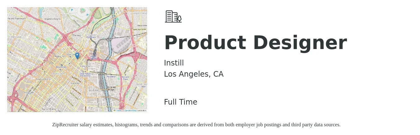 Instill job posting for a Product Designer in Los Angeles, CA with a salary of $141,200 to $167,000 Yearly with a map of Los Angeles location.