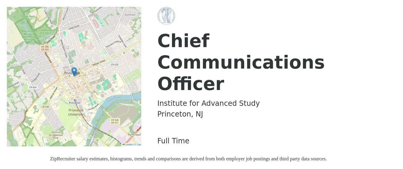 Institute for Advanced Study job posting for a Chief Communications Officer in Princeton, NJ with a salary of $46,500 to $80,400 Yearly with a map of Princeton location.