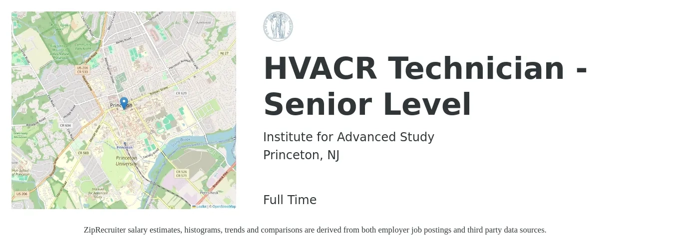 Institute for Advanced Study job posting for a HVACR Technician - Senior Level in Princeton, NJ with a salary of $24 to $35 Hourly with a map of Princeton location.