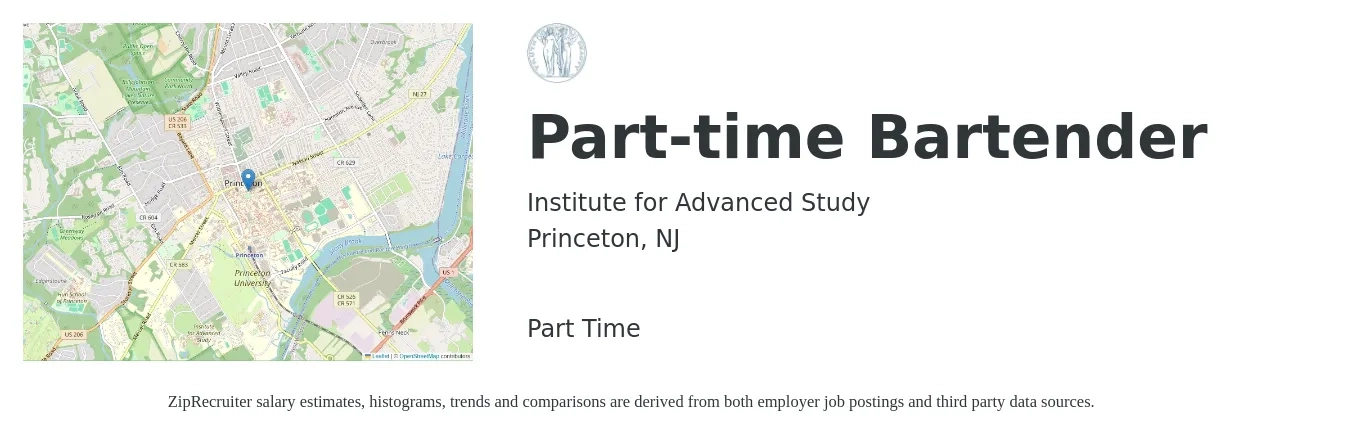 Institute for Advanced Study job posting for a Part-time Bartender in Princeton, NJ with a salary of $10 to $20 Hourly with a map of Princeton location.