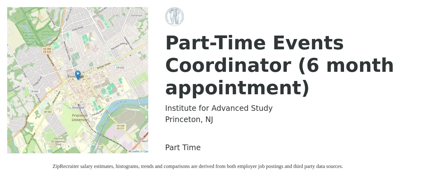 Institute for Advanced Study job posting for a Part-Time Events Coordinator (6 month appointment) in Princeton, NJ with a salary of $21 to $30 Hourly with a map of Princeton location.