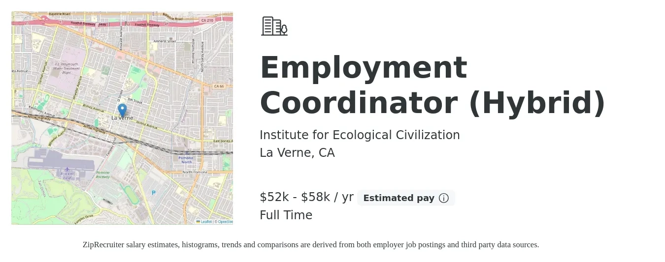 Institute for Ecological Civilization job posting for a Employment Coordinator (Hybrid) in La Verne, CA with a salary of $52,000 to $58,240 Yearly with a map of La Verne location.