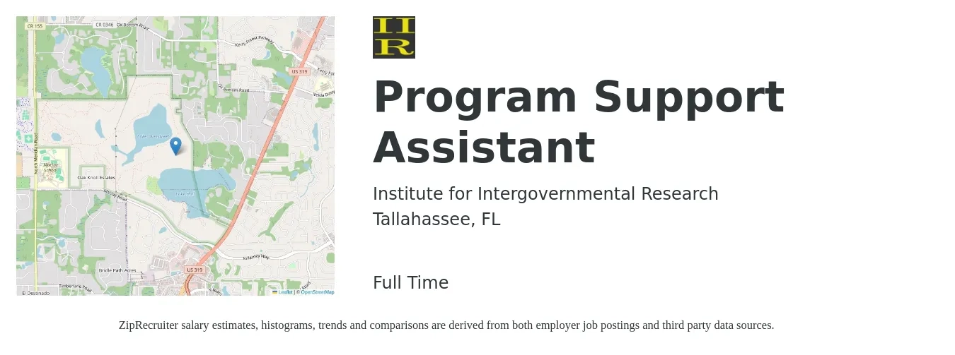 Institute for Intergovernmental Research job posting for a Program Support Assistant in Tallahassee, FL with a salary of $39,900 to $46,500 Yearly with a map of Tallahassee location.