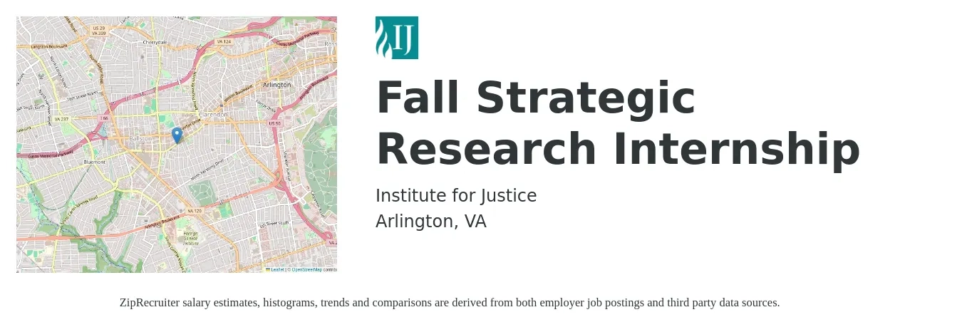 Institute for Justice job posting for a Fall Strategic Research Internship in Arlington, VA with a salary of $5,080 to $8,820 Monthly with a map of Arlington location.