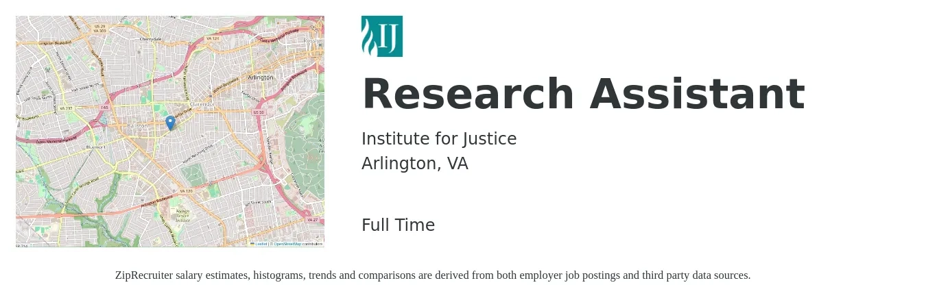 Institute for Justice job posting for a Research Assistant in Arlington, VA with a salary of $22 to $30 Hourly with a map of Arlington location.