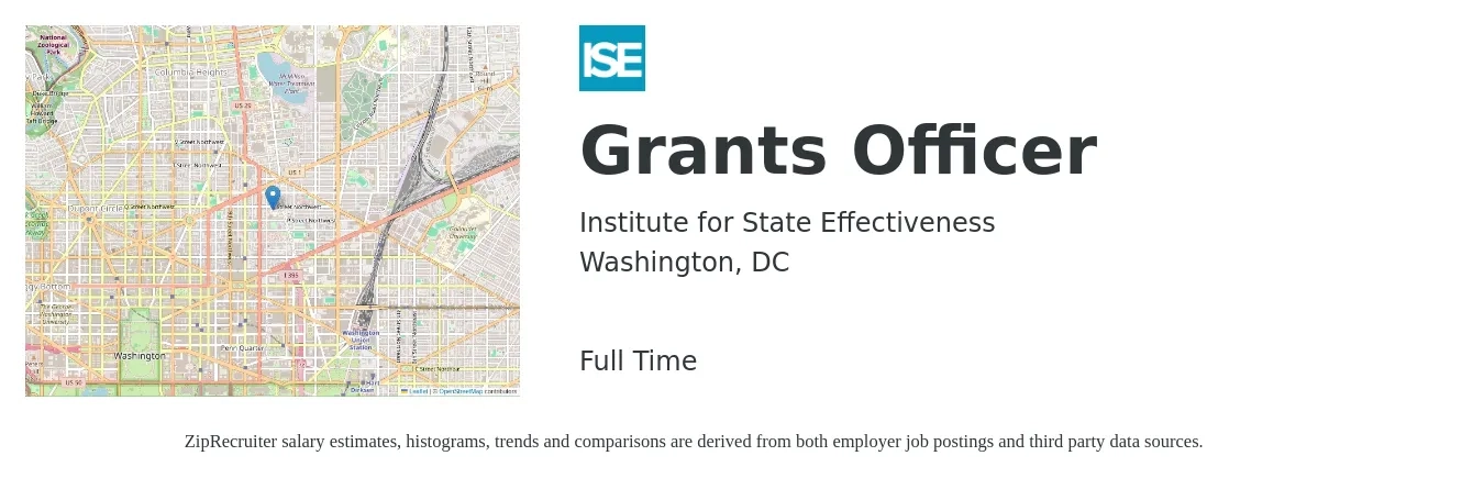 Institute for State Effectiveness job posting for a Grants Officer in Washington, DC with a salary of $63,000 to $87,000 Yearly with a map of Washington location.
