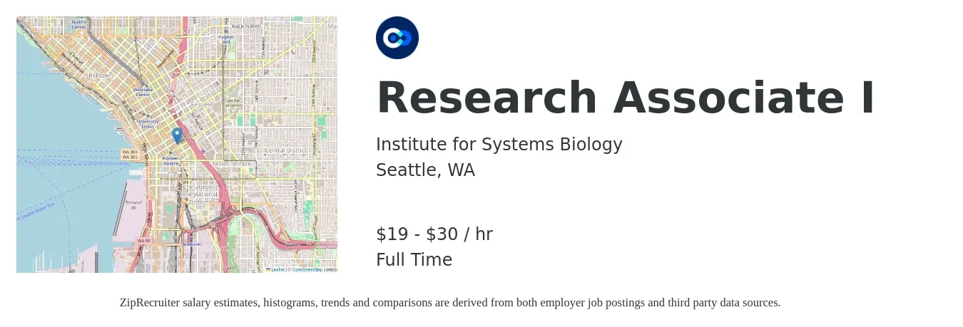 Institute for Systems Biology job posting for a Research Associate I in Seattle, WA with a salary of $21 to $32 Hourly with a map of Seattle location.