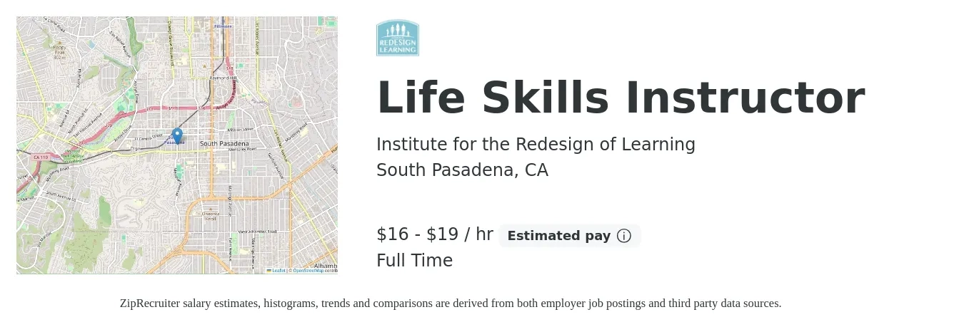 Institute for the Redesign of Learning job posting for a Life Skills Instructor in South Pasadena, CA with a salary of $18 to $20 Hourly with a map of South Pasadena location.