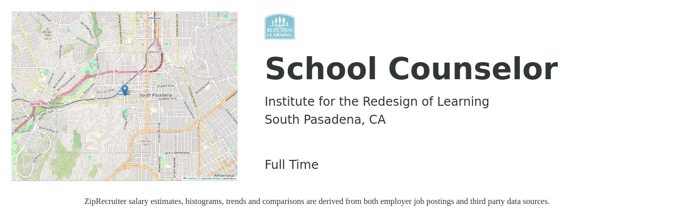 Institute for the Redesign of Learning job posting for a School Counselor in South Pasadena, CA with a salary of $5,842 to $7,794 Monthly with a map of South Pasadena location.