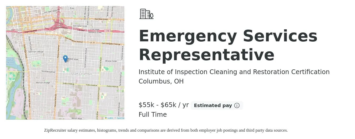 Institute of Inspection Cleaning and Restoration Certification job posting for a Emergency Services Representative in Columbus, OH with a salary of $55,000 to $65,000 Yearly with a map of Columbus location.
