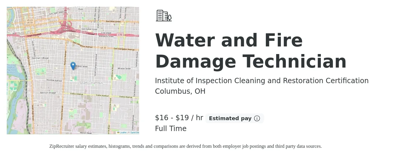 Institute of Inspection Cleaning and Restoration Certification job posting for a Water and Fire Damage Technician in Columbus, OH with a salary of $17 to $20 Hourly with a map of Columbus location.