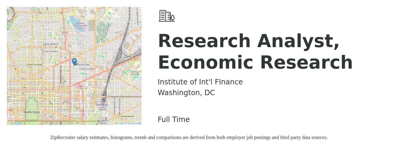 Institute of Int'l FInance job posting for a Research Analyst, Economic Research in Washington, DC with a salary of $77,600 to $89,500 Yearly with a map of Washington location.