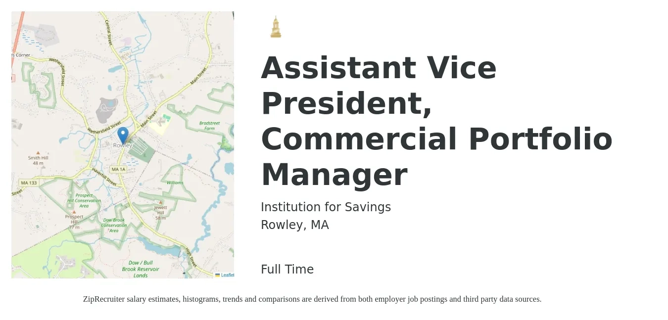 Institution for Savings job posting for a Assistant Vice President, Commercial Portfolio Manager in Rowley, MA with a salary of $54,600 to $66,600 Yearly with a map of Rowley location.