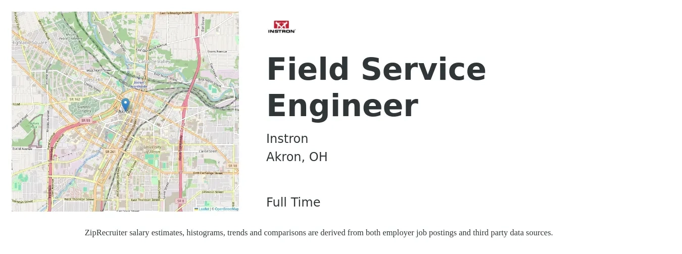 Instron job posting for a Field Service Engineer in Akron, OH with a salary of $54,500 to $80,800 Yearly with a map of Akron location.