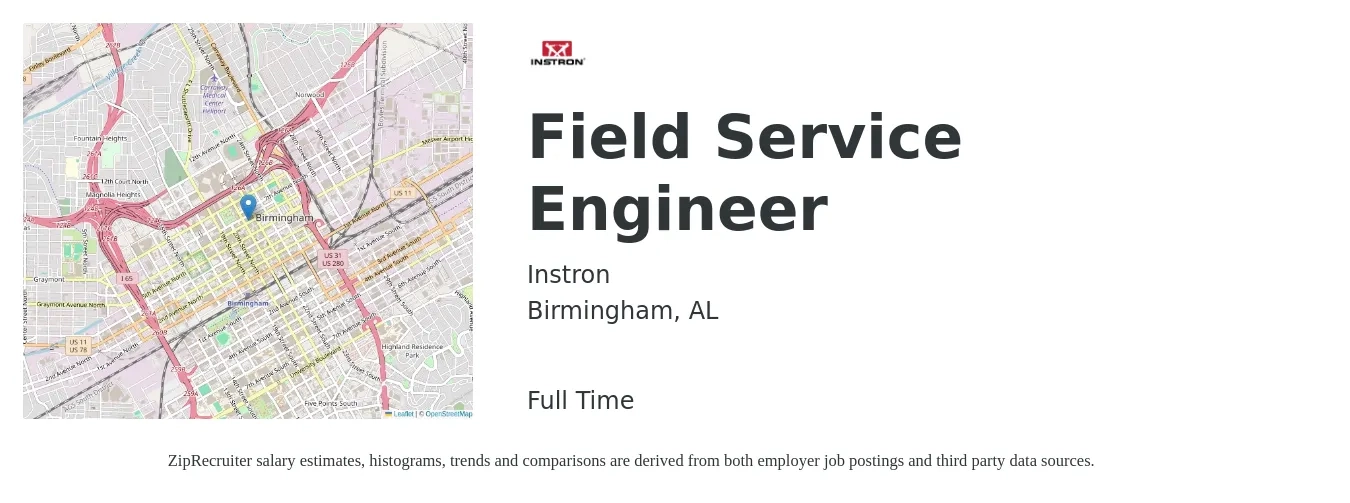 Instron job posting for a Field Service Engineer in Birmingham, AL with a salary of $53,400 to $79,200 Yearly with a map of Birmingham location.