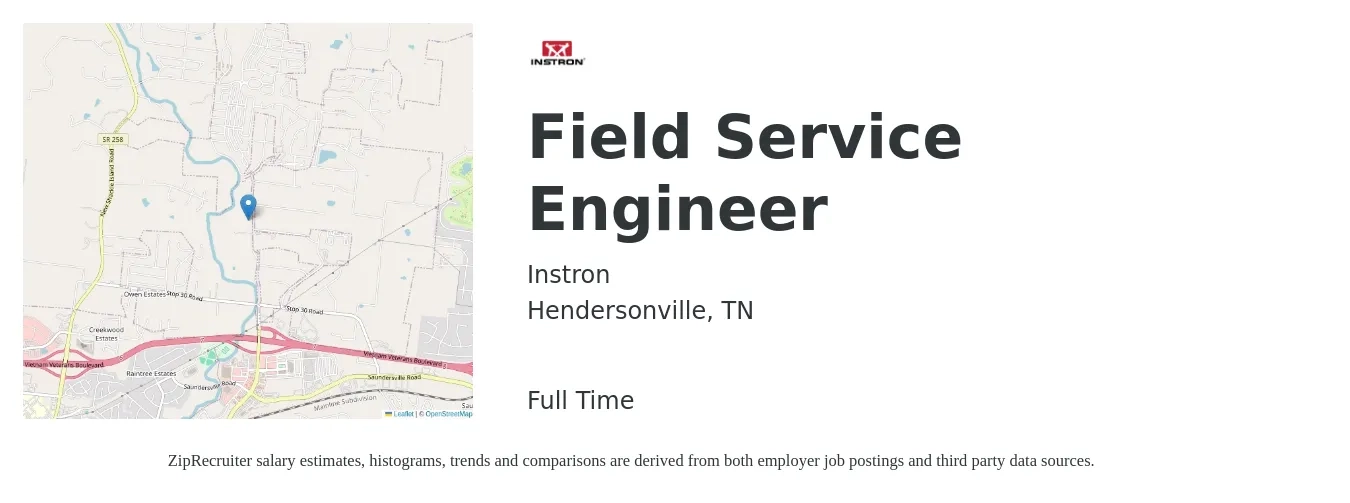 Instron job posting for a Field Service Engineer in Hendersonville, TN with a salary of $53,900 to $79,900 Yearly with a map of Hendersonville location.