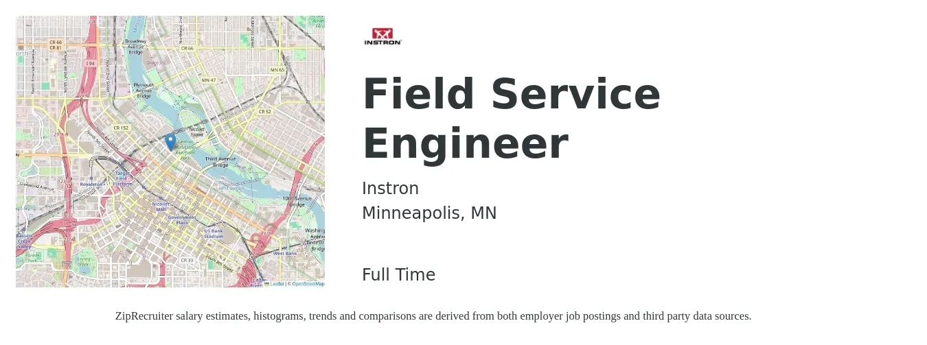 Instron job posting for a Field Service Engineer in Minneapolis, MN with a salary of $59,500 to $88,200 Yearly with a map of Minneapolis location.