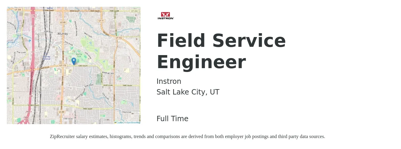 Instron job posting for a Field Service Engineer in Salt Lake City, UT with a salary of $55,200 to $81,800 Yearly with a map of Salt Lake City location.