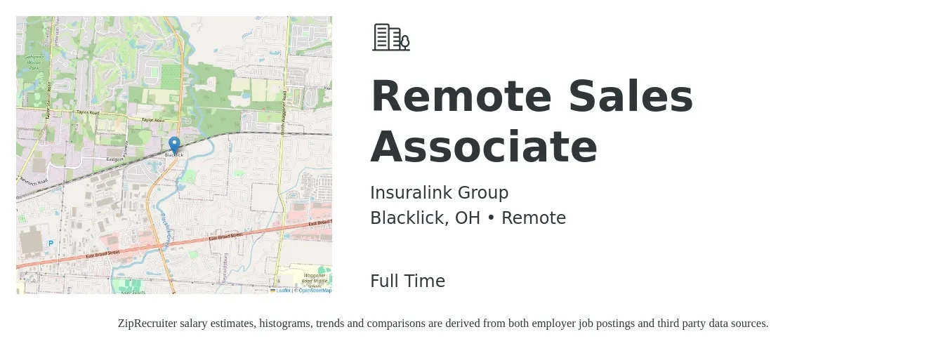 Insuralink Group job posting for a Remote Sales Associate in Blacklick, OH with a salary of $2,000 to $3,500 Weekly with a map of Blacklick location.