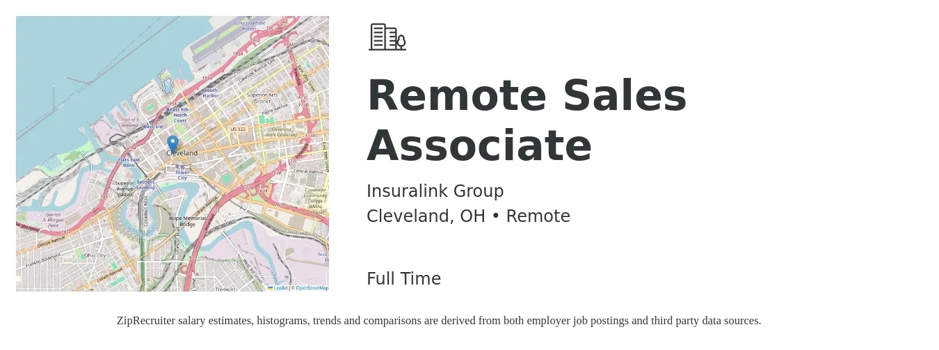 Insuralink Group job posting for a Remote Sales Associate in Cleveland, OH with a salary of $2,000 to $3,500 Weekly with a map of Cleveland location.