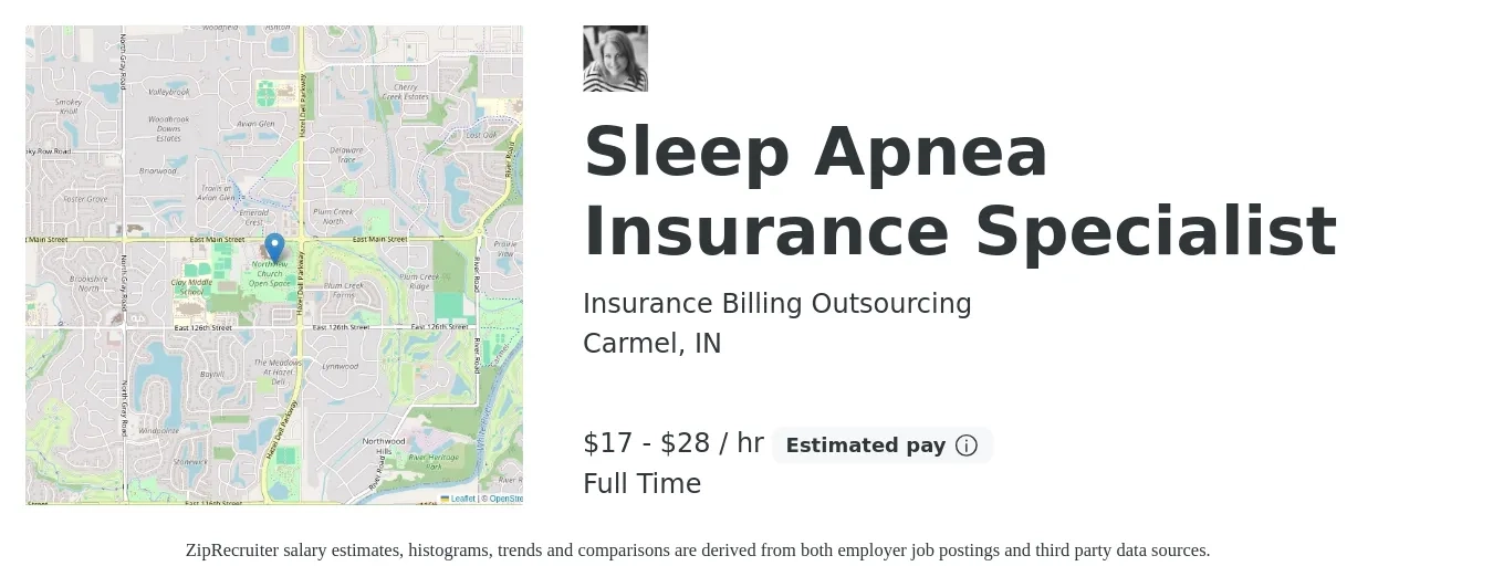 Insurance Billing Outsourcing job posting for a Sleep Apnea Insurance Specialist in Carmel, IN with a salary of $18 to $30 Hourly with a map of Carmel location.