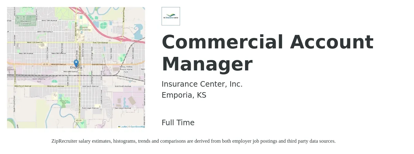 Insurance Center, Inc. job posting for a Commercial Account Manager in Emporia, KS with a salary of $42,900 to $67,000 Yearly with a map of Emporia location.