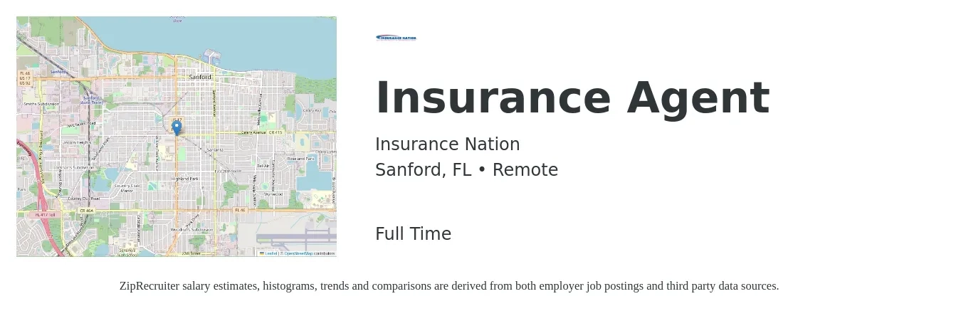 Insurance Nation job posting for a Insurance Agent in Sanford, FL with a salary of $38,300 to $66,300 Yearly with a map of Sanford location.