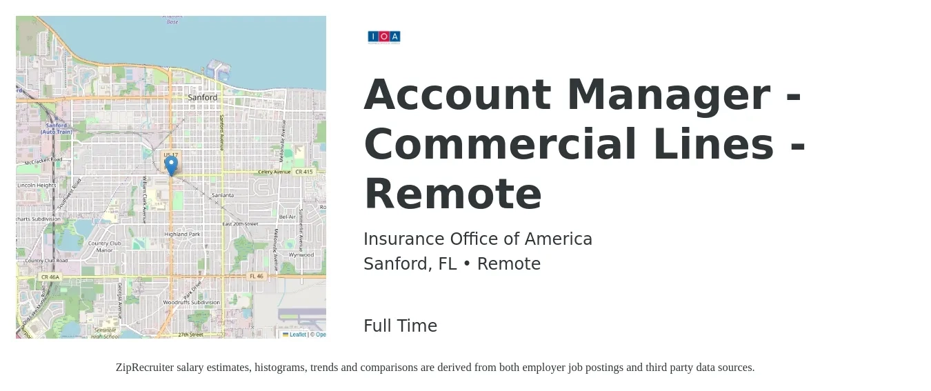 Insurance Office of America job posting for a Account Manager - Commercial Lines - Remote in Sanford, FL with a salary of $47,800 to $69,300 Yearly with a map of Sanford location.
