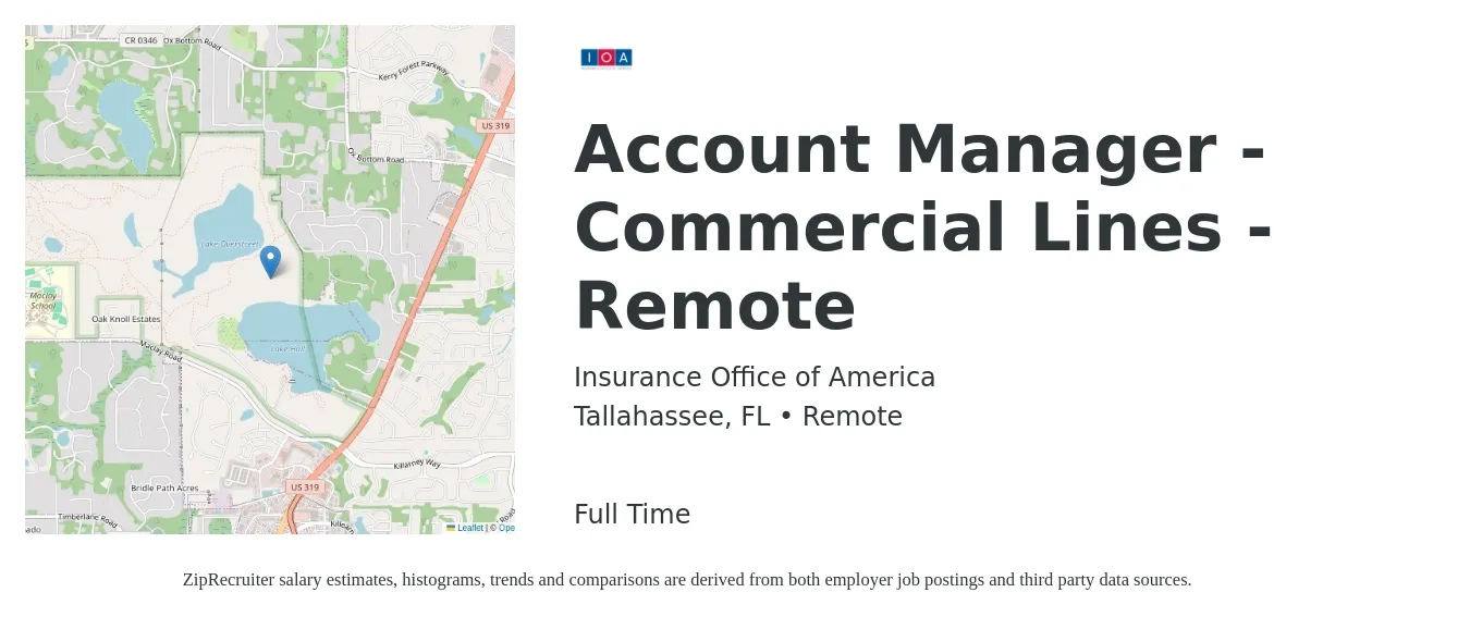 Insurance Office of America job posting for a Account Manager - Commercial Lines - Remote in Tallahassee, FL with a salary of $52,700 to $76,500 Yearly with a map of Tallahassee location.