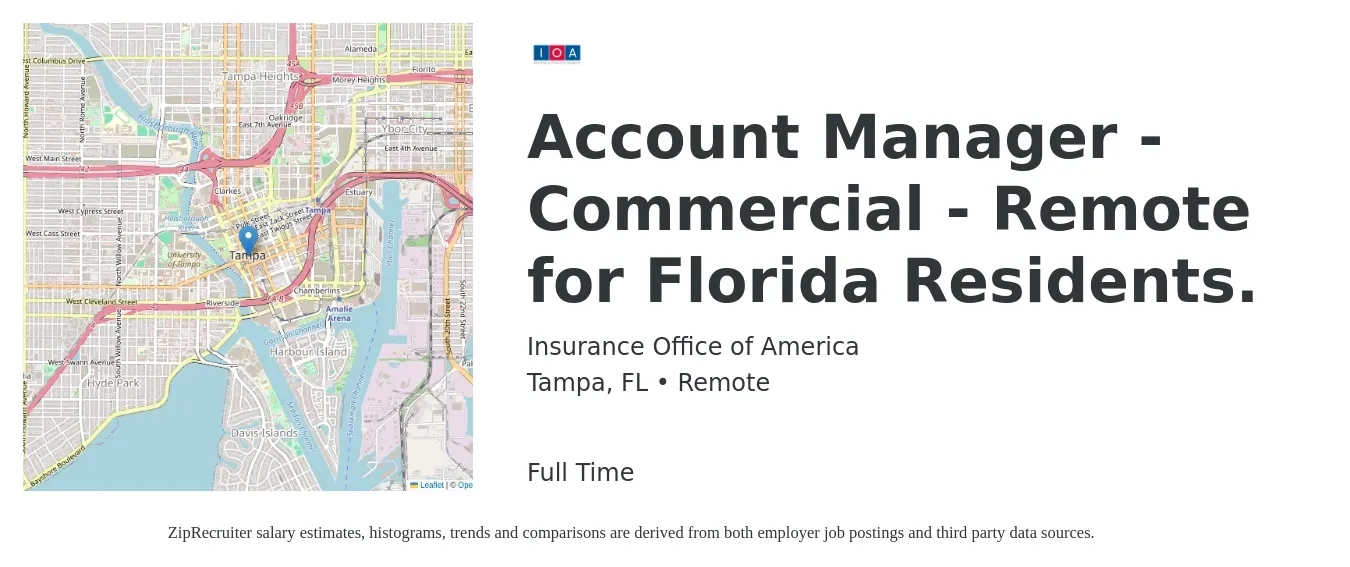 Insurance Office of America job posting for a Account Manager - Commercial - Remote for Florida Residents. in Tampa, FL with a salary of $52,400 to $76,100 Yearly with a map of Tampa location.